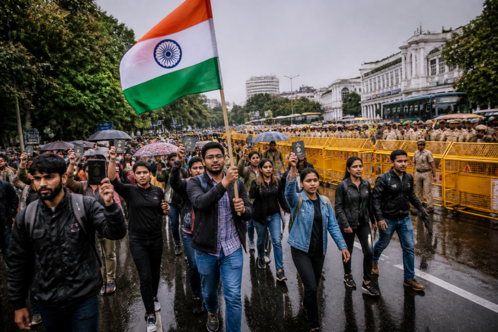 Delhi SIR protest marchers carrying the Indian flag near Connaught Place barricades