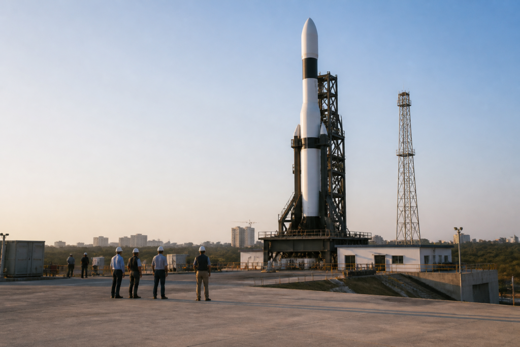 Skyroot Aerospace launches represented by a Vikram rocket at a Hyderabad space facility