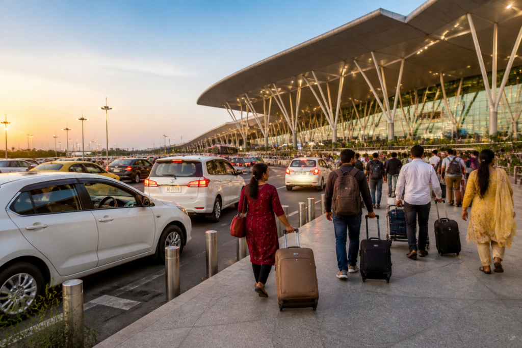 Hyderabad airport terminal at RGIA with passengers preparing for festive travel
