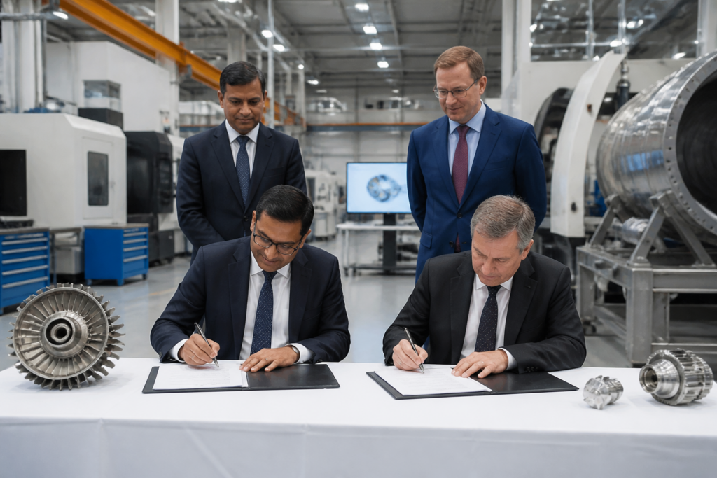 Raghu Vamsi Group and AMRC representatives at a super alloys manufacturing partnership signing