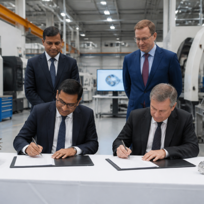Raghu Vamsi Group and AMRC representatives at a super alloys manufacturing partnership signing