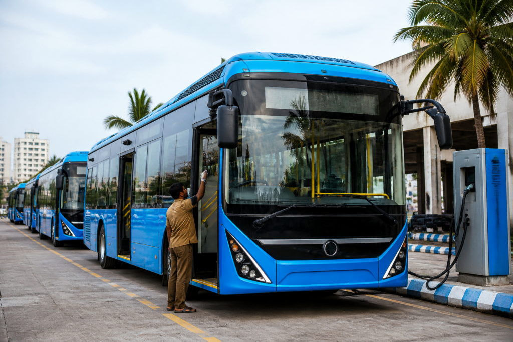 Chennai electric buses at a city depot with urban traffic and charging infrastructure