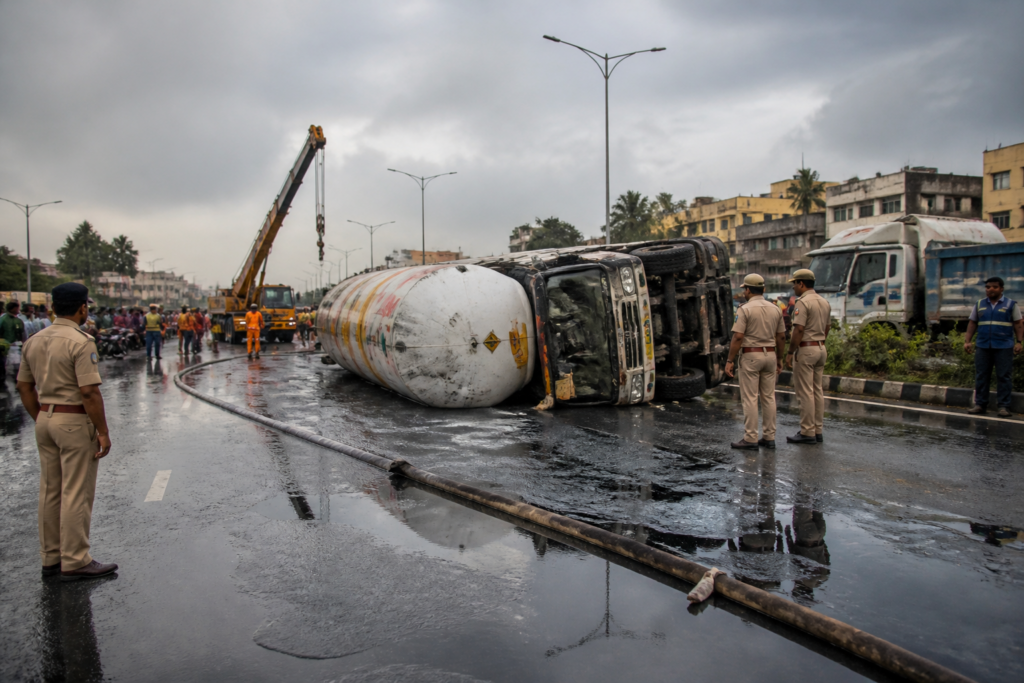 Oil tanker accident on Jessore Road near Kolkata airport with traffic blocked by a diesel spill
