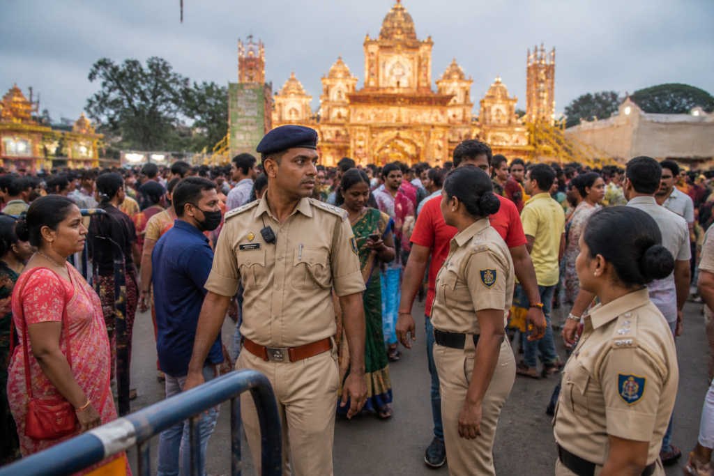 Police personnel managing crowds near a Durga Puja pandal in Baruipur