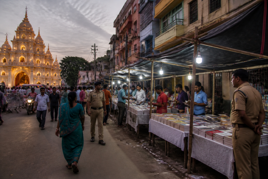 CPM book stall location on Jessore Road near a Durga Puja pandal in Bongaon