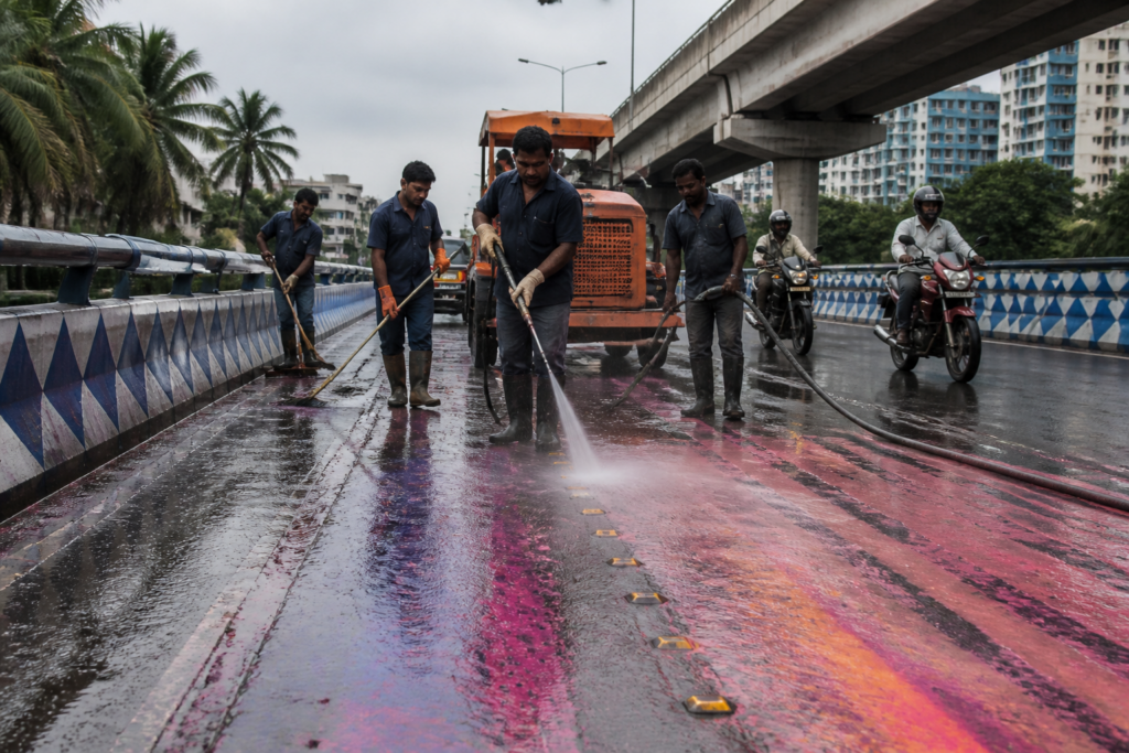 Kolkata road paint being removed from a flyover after motorcycle skid concerns