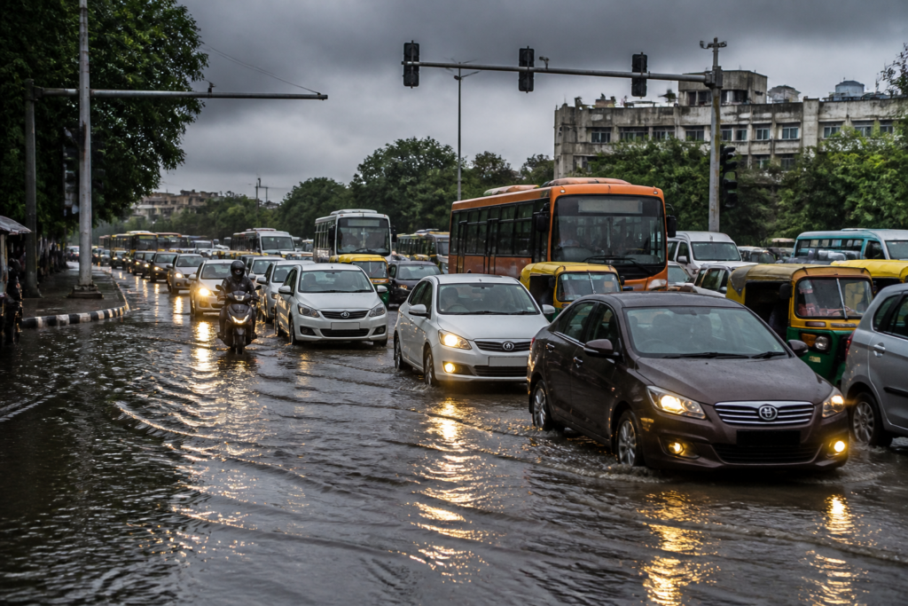 Delhi traffic jam during heavy rain near a waterlogged city junction