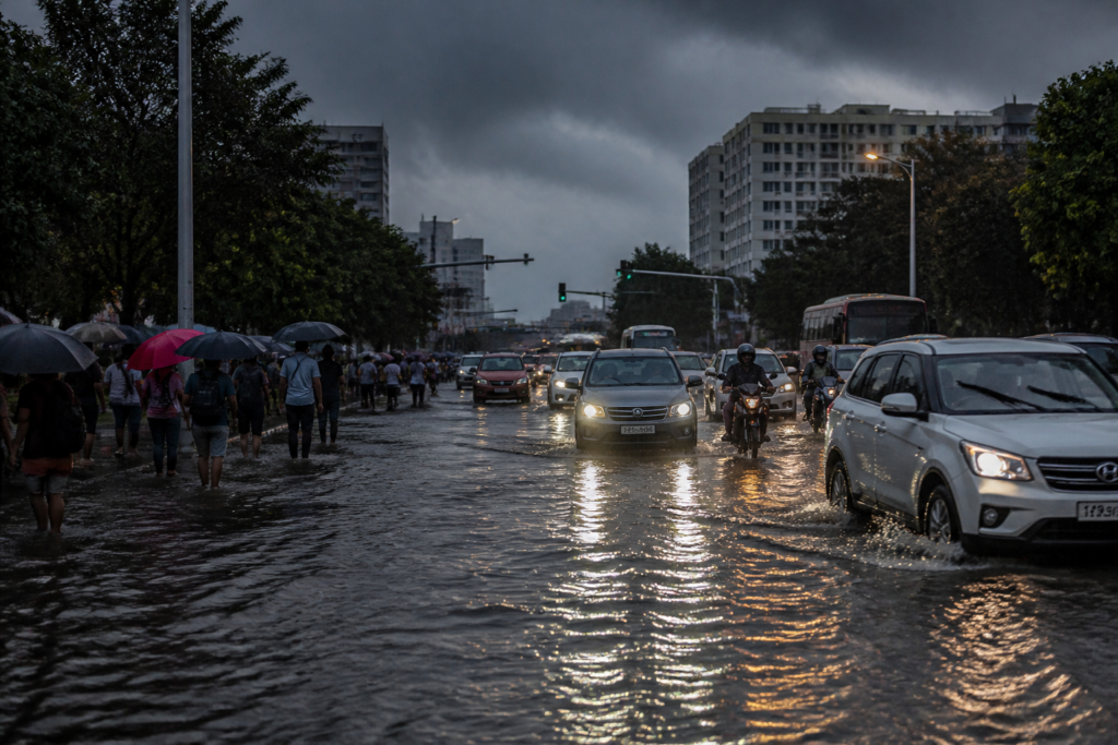 Bengaluru rains causing waterlogging and traffic disruption on an urban road