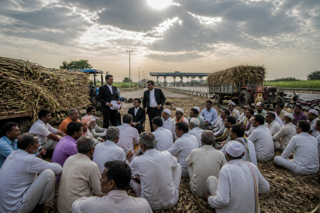 Sugarcane farmers protest near the Pune-Bengaluru highway in Karad