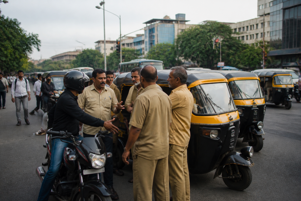 Pune bike taxis and autorickshaws on a city road amid transport enforcement concerns