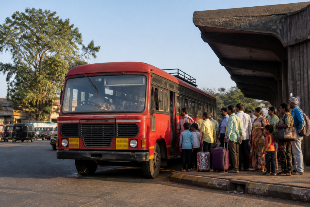 MSRTC red bus serving passengers in Maharashtra during Diwali travel season