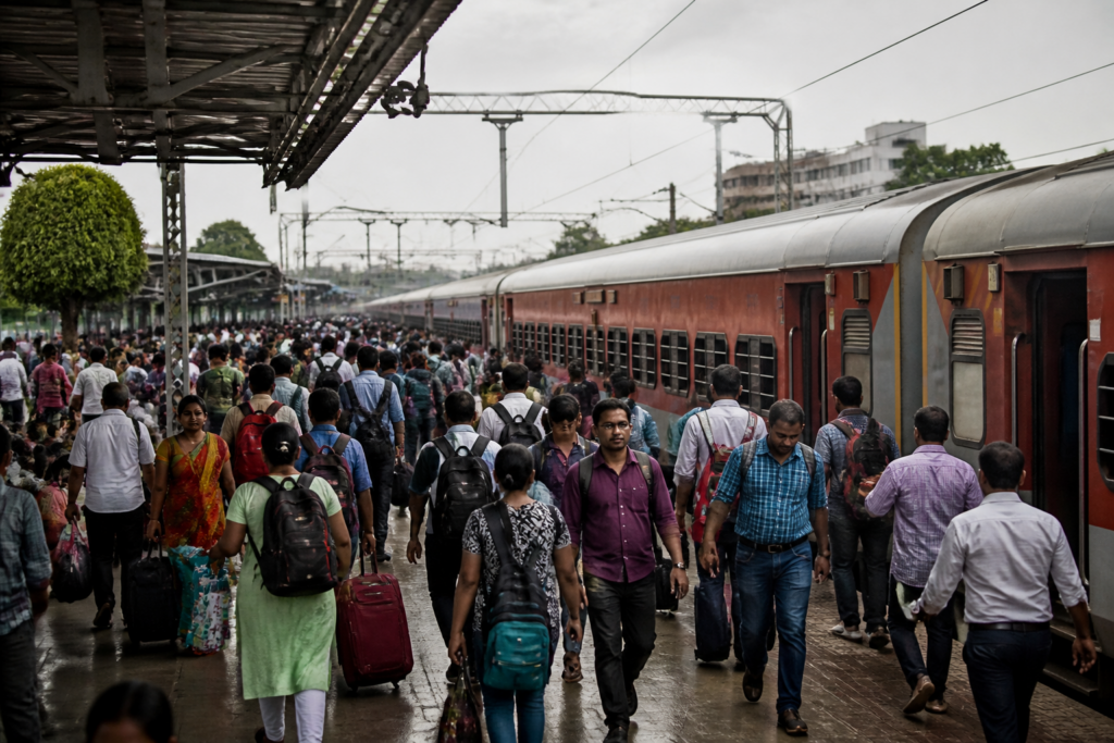Pune train bookings surge as passengers wait at a busy railway station platform