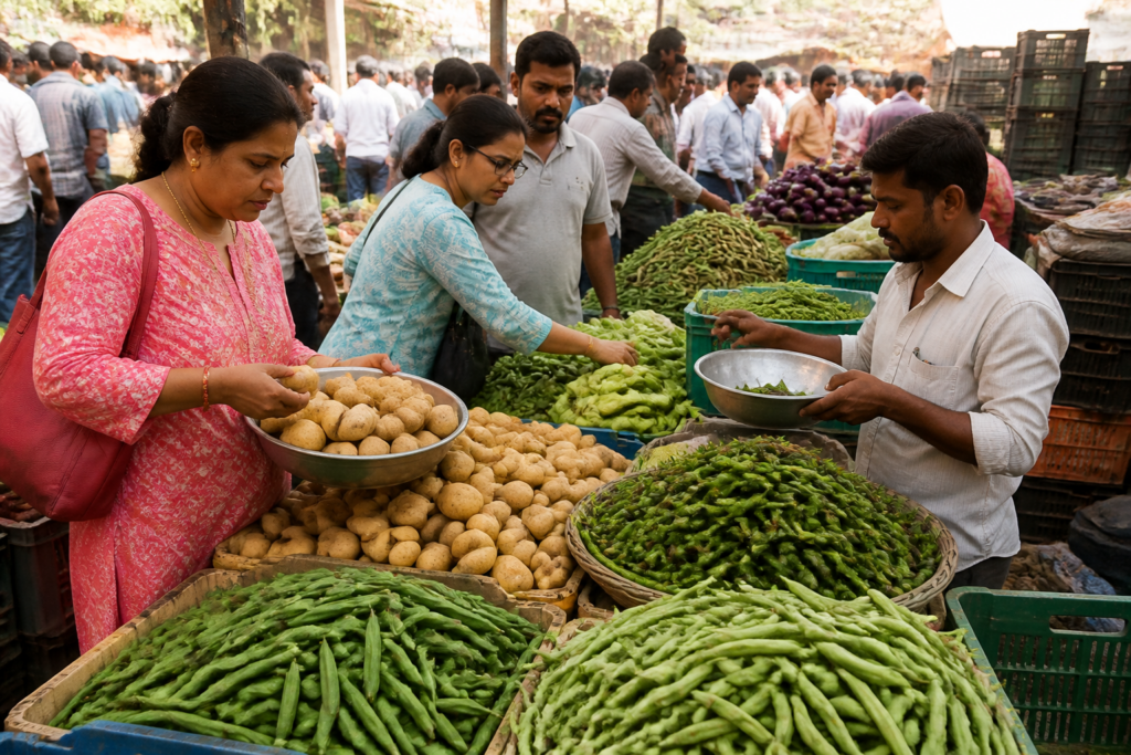Pune vegetable prices displayed at a busy market stall with potatoes and fresh produce.