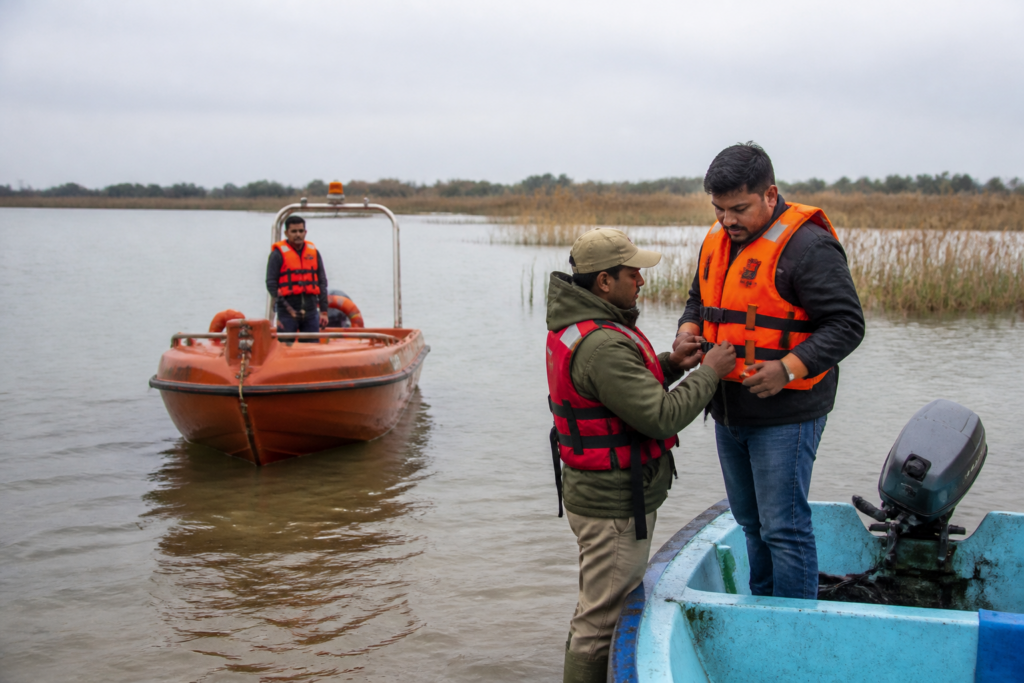 Nalsarovar boating safety training near the bird sanctuary in Gujarat