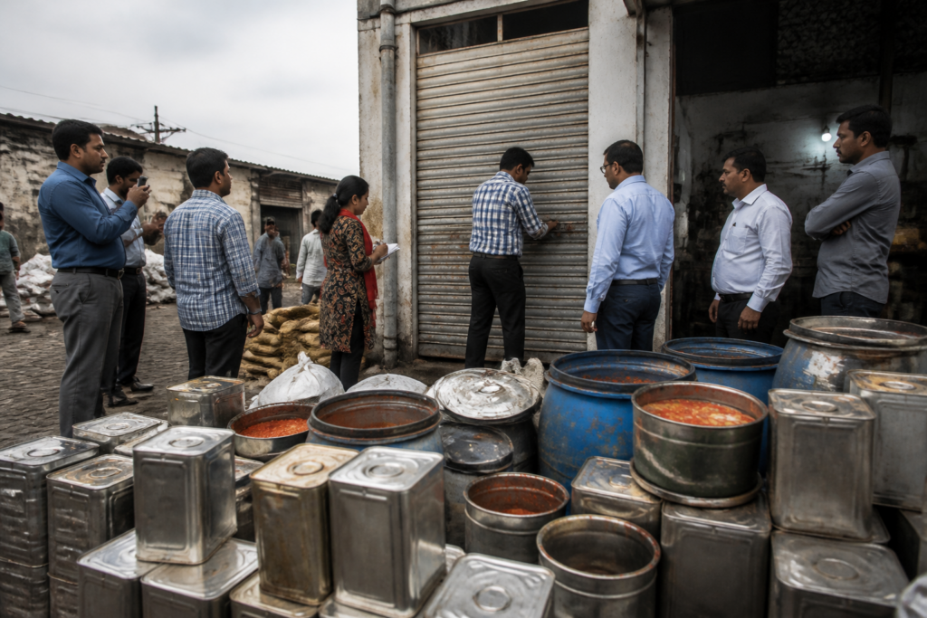 Ahmedabad food raid at a sealed sauce production unit with seized containers