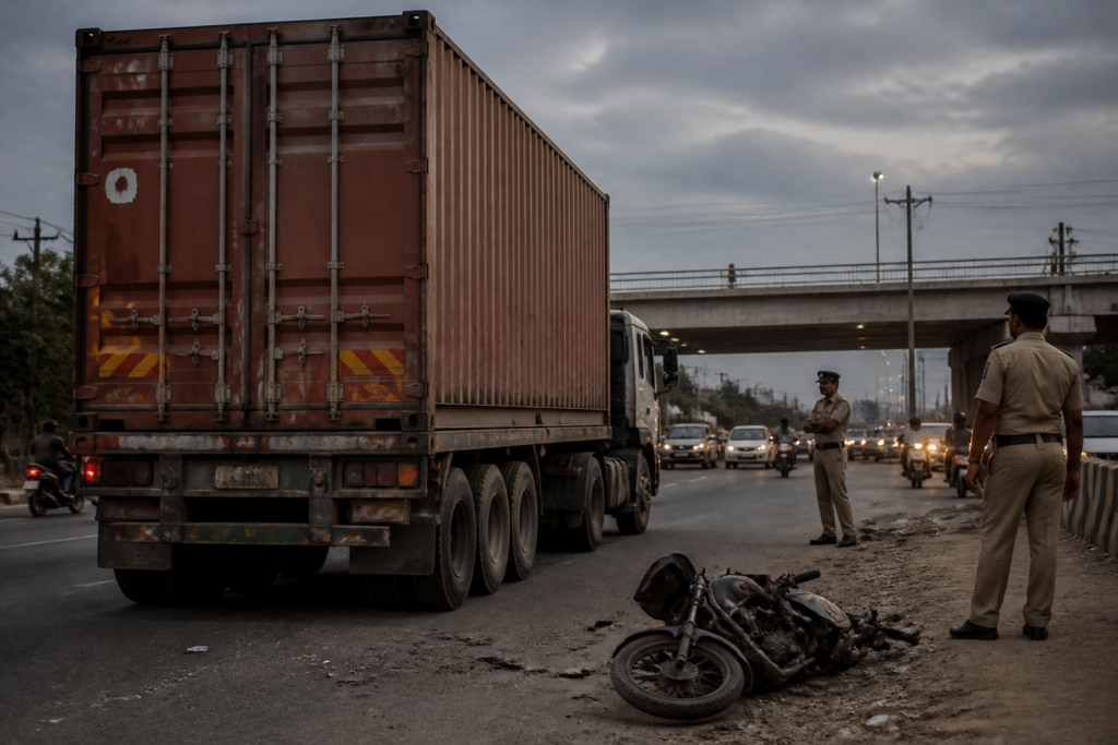 Ahmedabad road accident scene near Sanathal railway bridge involving a parked container truck