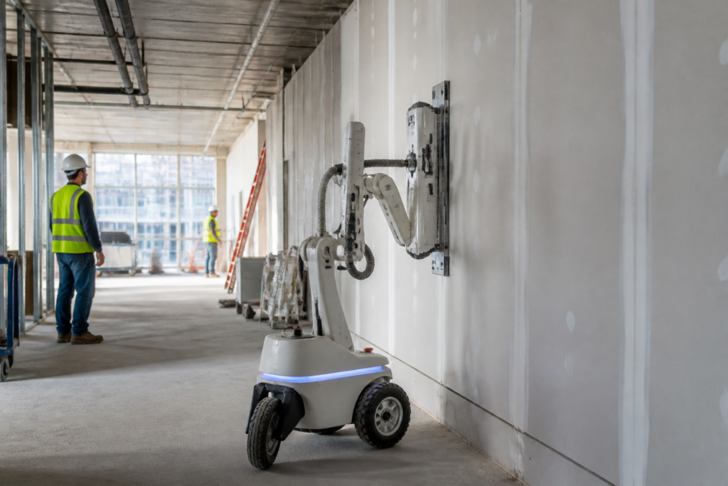 Construction robotics startup Origin's OG-1 robot working on an interior wall-finishing site