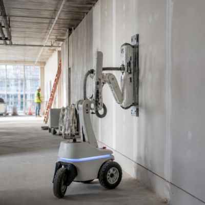 Construction robotics startup Origin's OG-1 robot working on an interior wall-finishing site