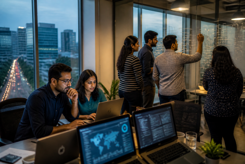 India IT jobs shifting towards AI, cloud and cybersecurity roles in an urban technology workplace