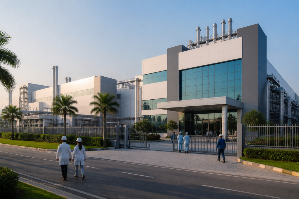Tamil Nadu semiconductor scheme visual showing a high-tech chip manufacturing facility near Chennai