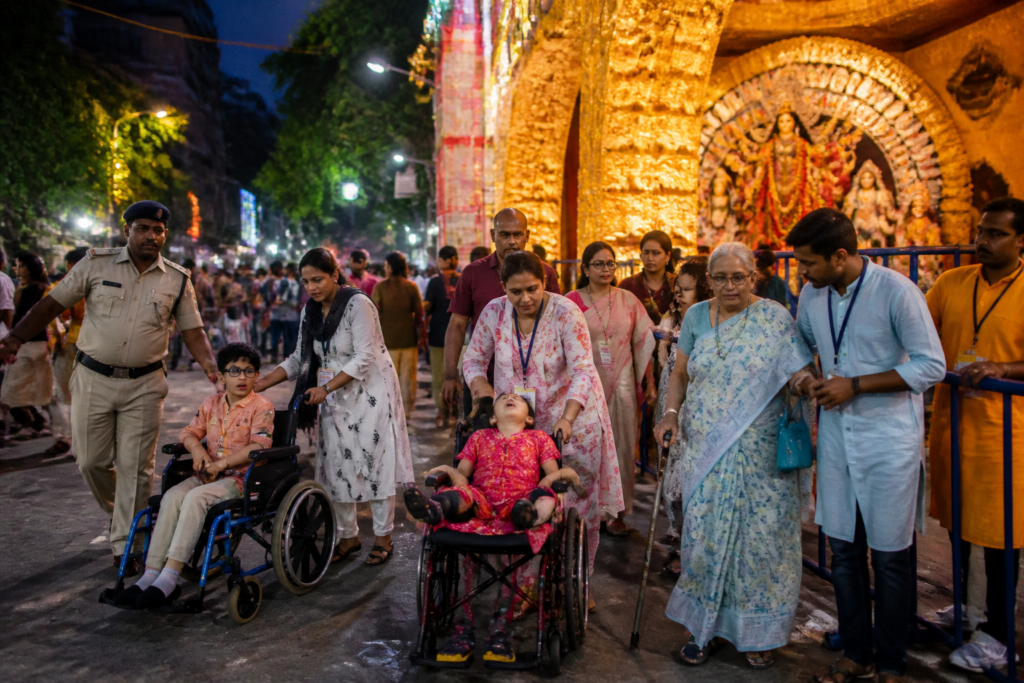 Children and senior citizens on an assisted Kolkata Durga Puja pandal tour