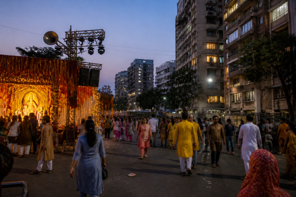 Mumbai Navratri loudspeakers at a decorated festival venue with residential buildings nearby