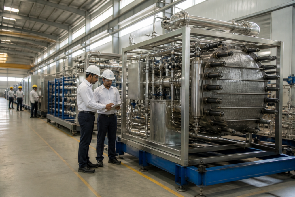 Mangaluru hydrogen plant with electrolyser equipment inside a modern manufacturing facility