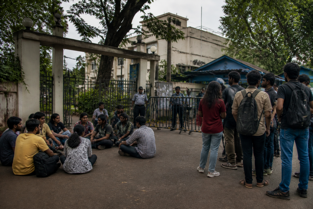 SRFTI student protest outside the film institute campus in Kolkata