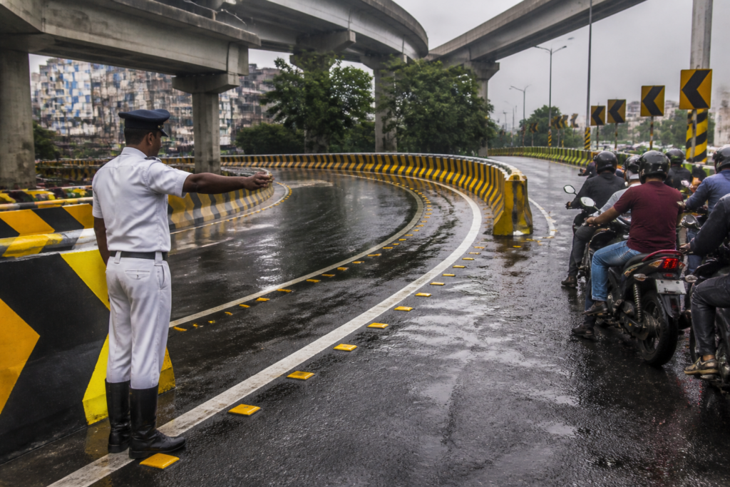 Chingrighata flyover in Kolkata with wet painted road surface after rain