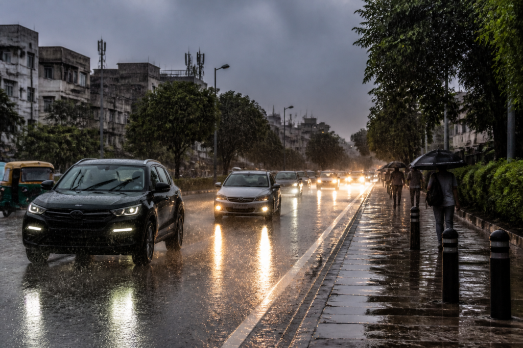 Delhi rain falling over a city road as motorists drive under dark clouds