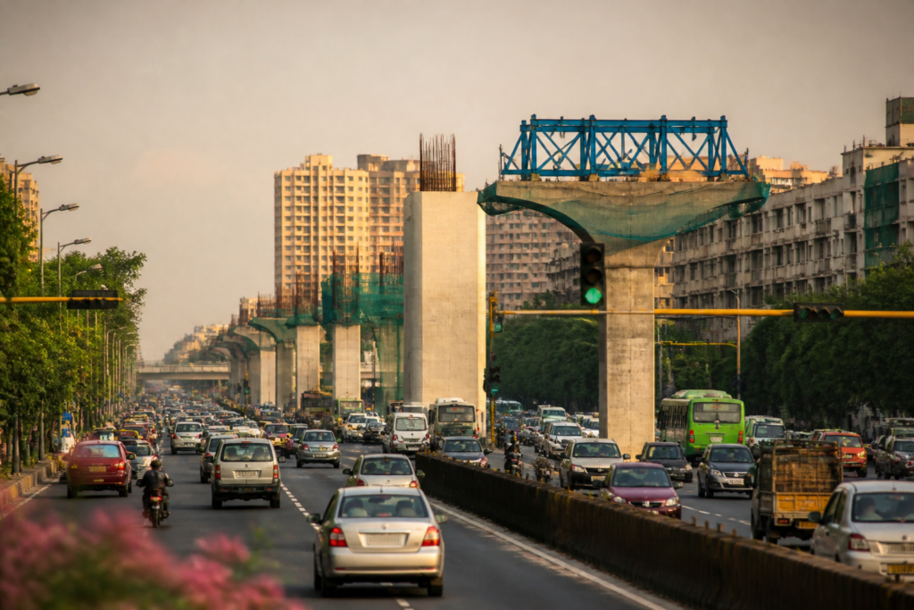 Ashram-Badarpur corridor on Mathura Road with heavy traffic and proposed flyover construction context