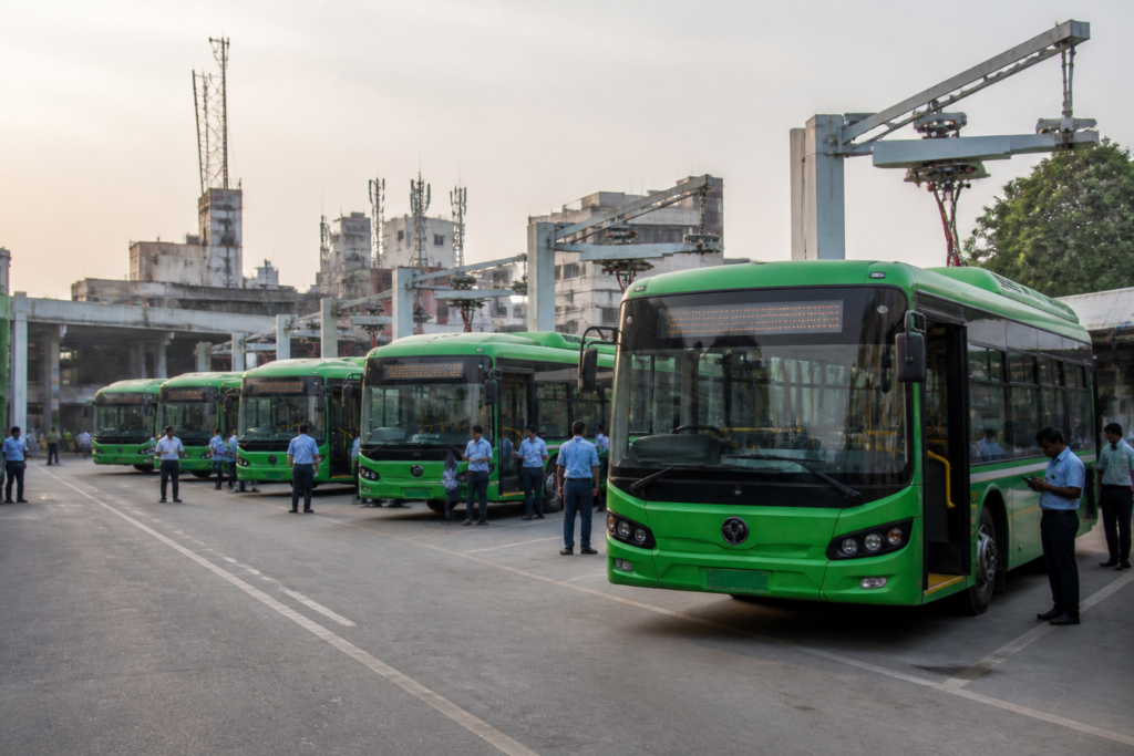 DTC AI bus management system shown through Delhi buses at a city depot