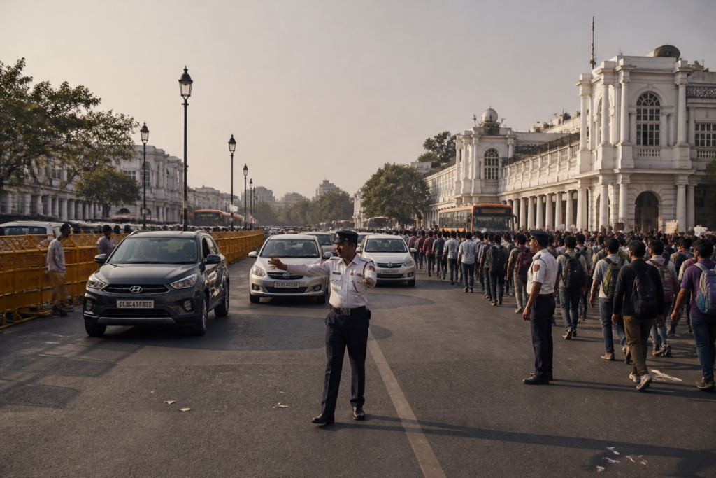 Delhi traffic advisory near Connaught Place with police managing central Delhi roads