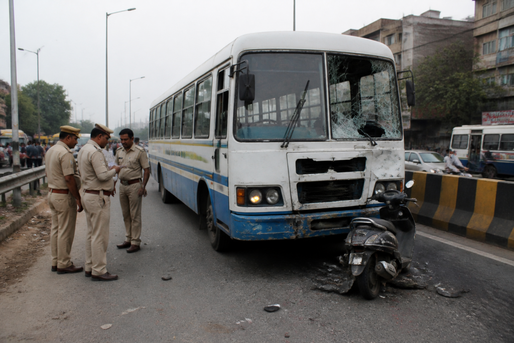 Nangloi bus accident scene with a Haryana Roadways bus and police investigation in outer Delhi