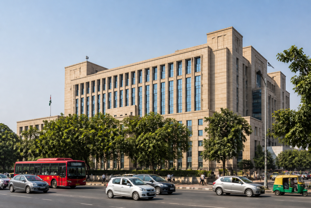 Delhi tax revenue data shown against a government office district in New Delhi