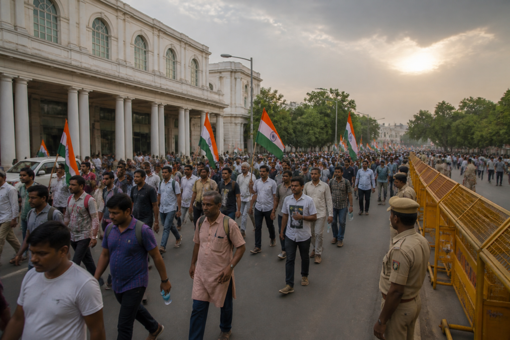 Protesters march towards Jantar Mantar in Delhi during a dispute over the protest site