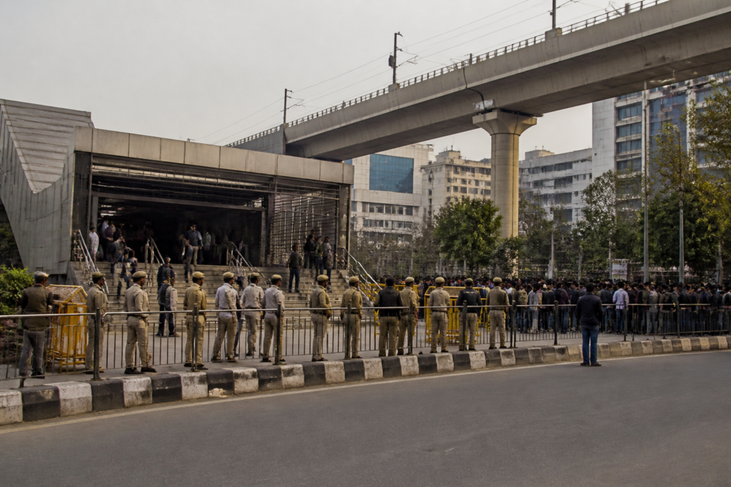 Delhi Metro protest security measures near a station in New Delhi