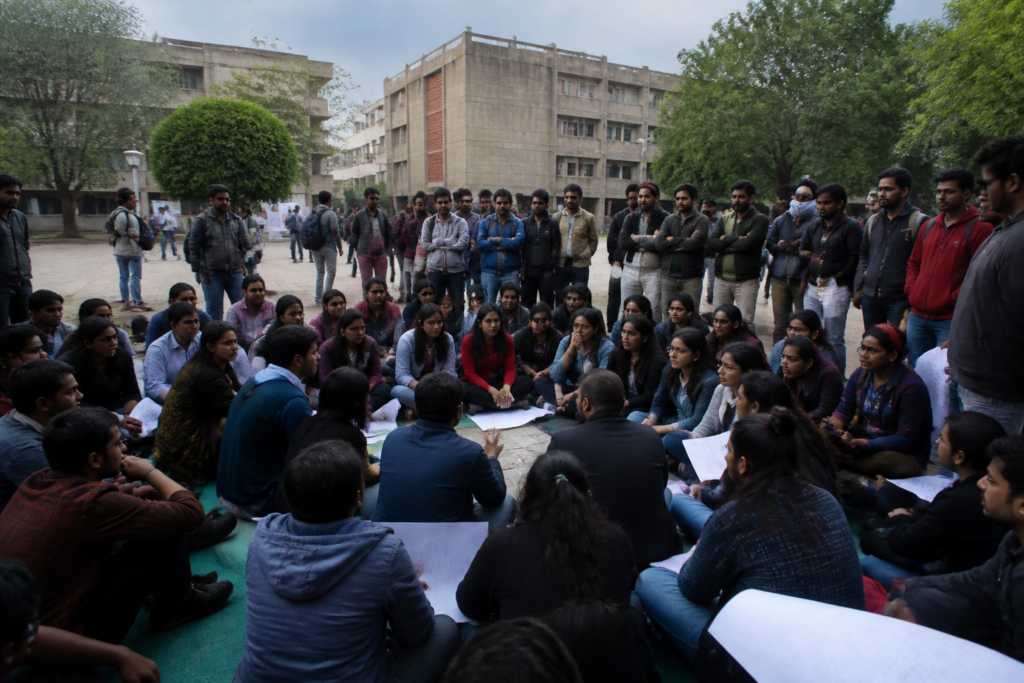 JNU hunger strike supporters gathered on the Jawaharlal Nehru University campus in Delhi
