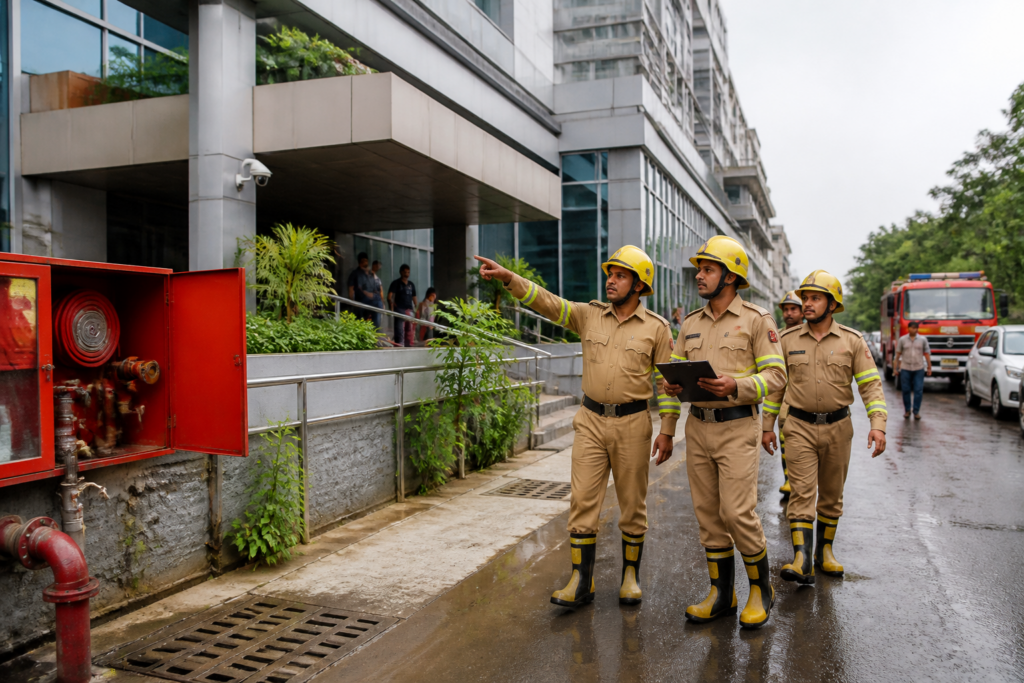 Odisha fire safety audit inspection at an urban building with fire service personnel