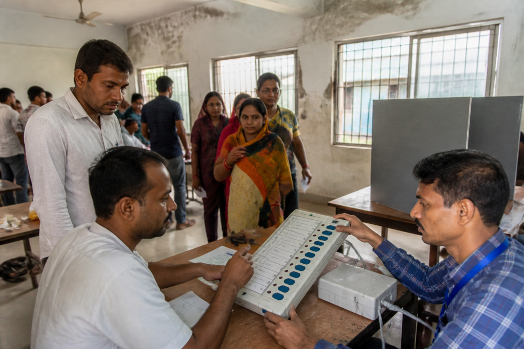 Odisha urban local body polls with EVMs at a municipal election polling station
