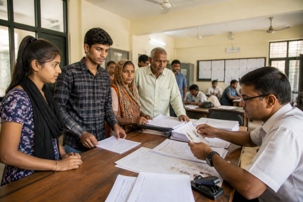 Rajasthan voter registration forms being processed during an electoral enrolment drive