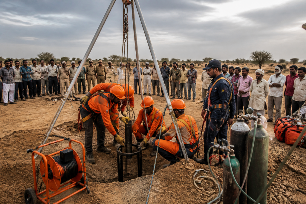 Rescue teams work at the Phalodi borewell site where a boy is trapped underground.