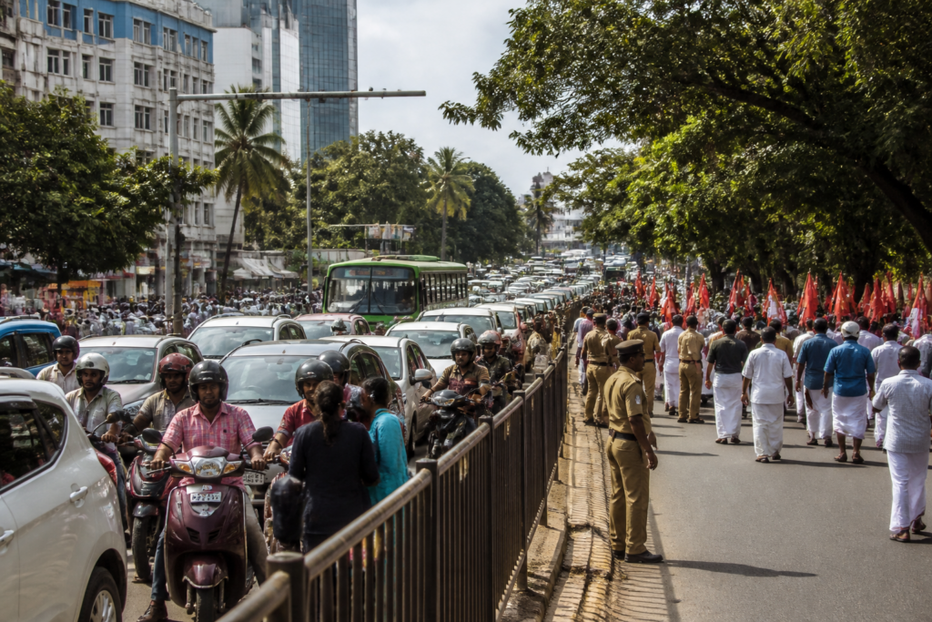 Thiruvananthapuram traffic congested near a city junction during simultaneous public marches