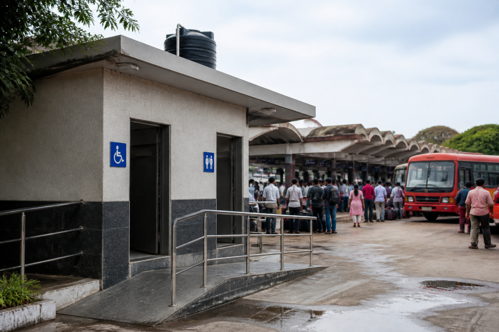 Maharashtra transgender toilets planned at an ST bus stand with public transport facilities visible