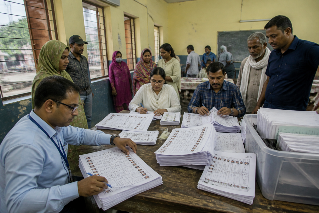 Ranchi voter list review notices and electoral officials at a polling station