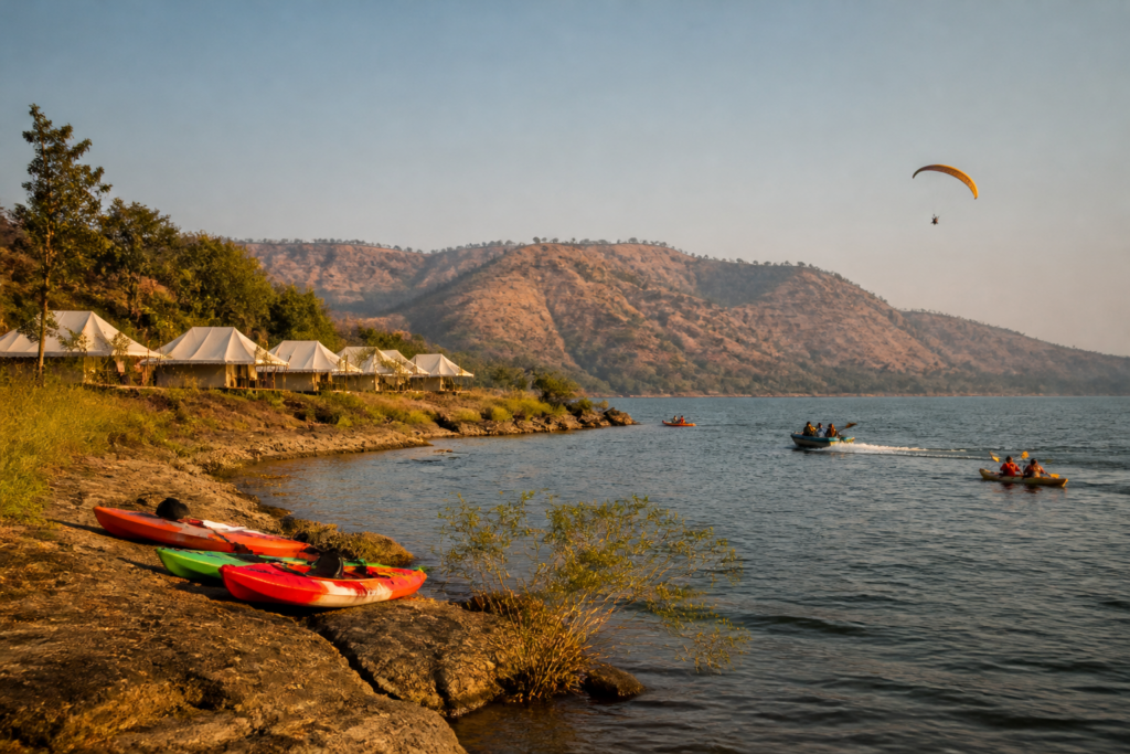 Gandhi Sagar Forest Retreat tents and water sports on the reservoir backwaters in Mandsaur