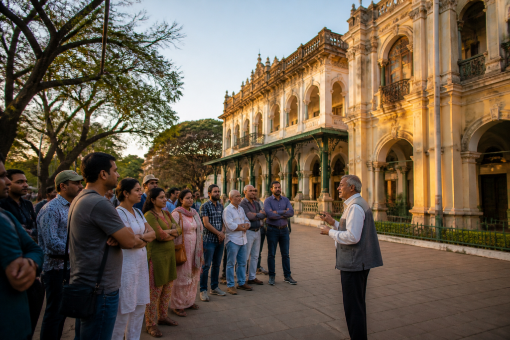 Mysuru heritage structures along a historic city street during a heritage walk