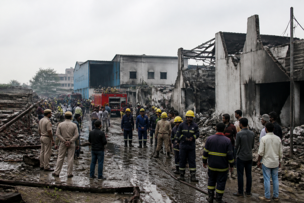 Firefighters respond to the Sonipat factory fire near Barota village after workers were killed and injured.