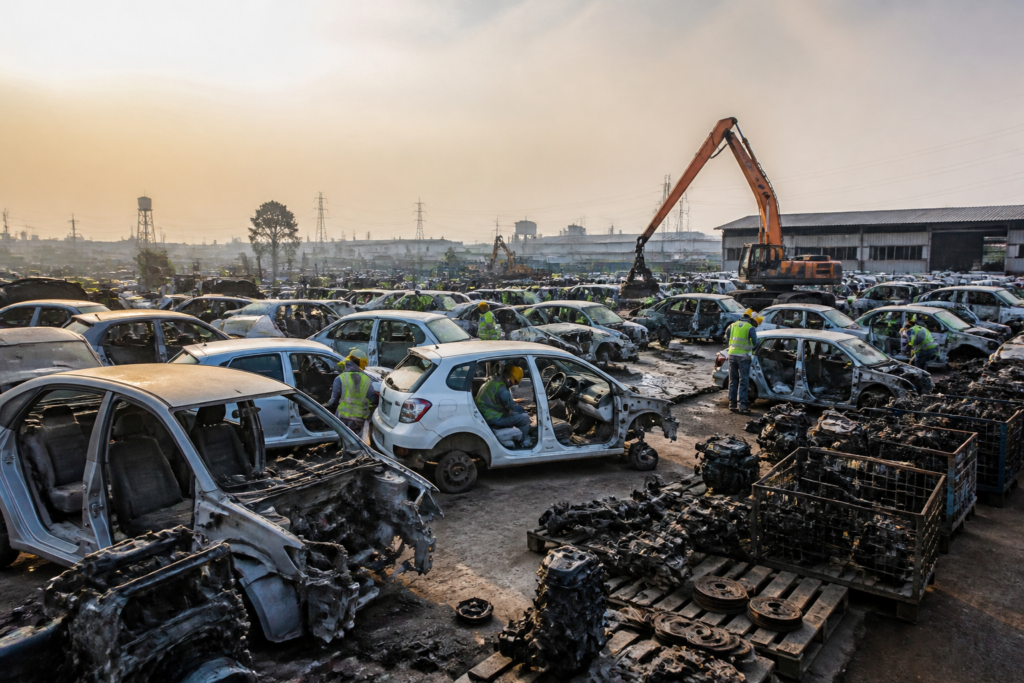 End-of-life vehicles at an authorised scrapping facility in Jhajjar