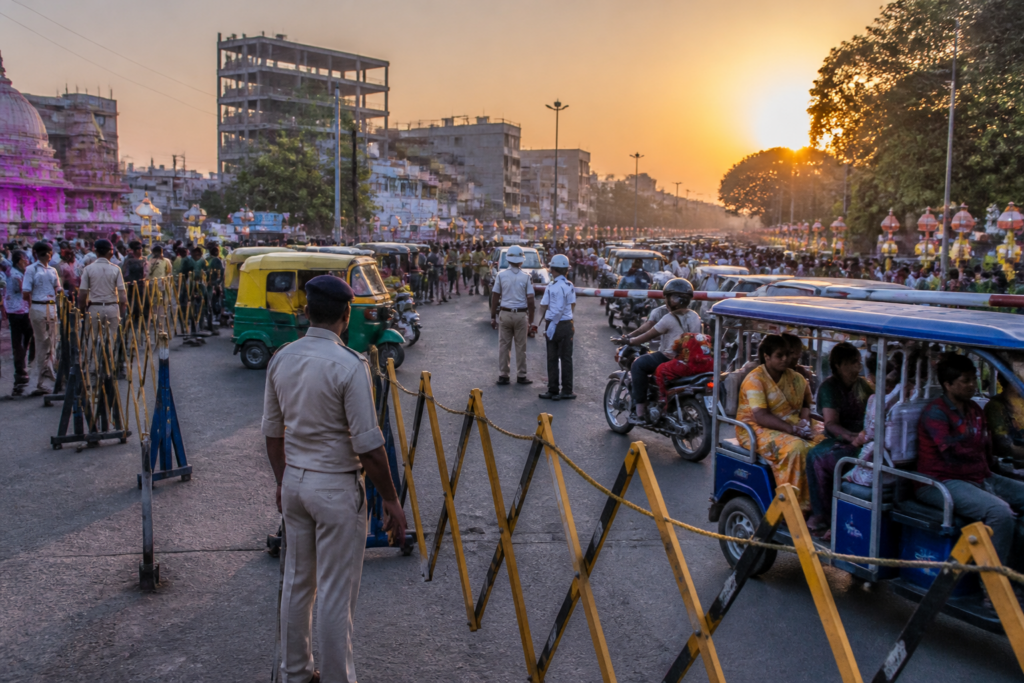 Gaya traffic plan showing vehicles diverted near a crowded Durga Puja route